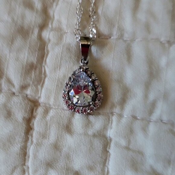 Vintage Lab Created Tear Drop Diamond Surrounded by White Sapphires 16" 925 SS - Picture 3 of 10